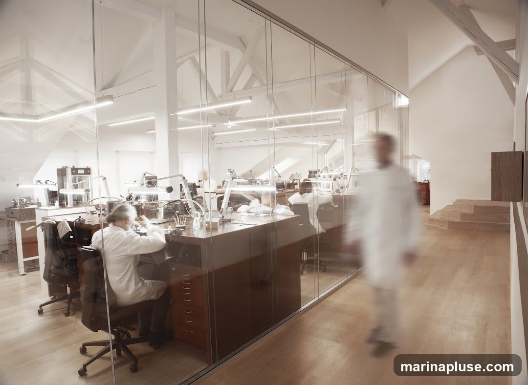 A bright, modern workshop with glass walls where several people in white coats are working at individual desks with magnifying lamps and tools. One person is walking down a hallway outside the workshop.