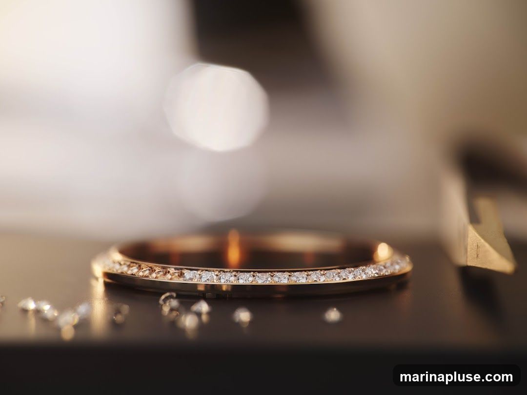 A close-up, shallow depth of field shot of a rose gold ring encrusted with small diamonds. Several loose diamonds are scattered around the ring on a dark, reflective surface. The background is softly blurred with warm light.