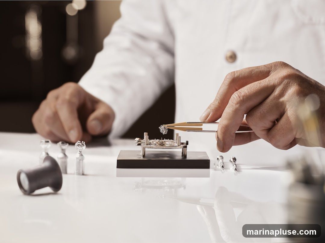 A close-up shot shows a watchmaker wearing a white lab coat, meticulously assembling a watch movement. The watchmaker's hands are visible, one holding tweezers with a small component, and the other resting near the workbench. Several small watch parts and tools, including a loupe, are arranged on the reflective white surface. The background is blurred, focusing attention on the intricate work being done.