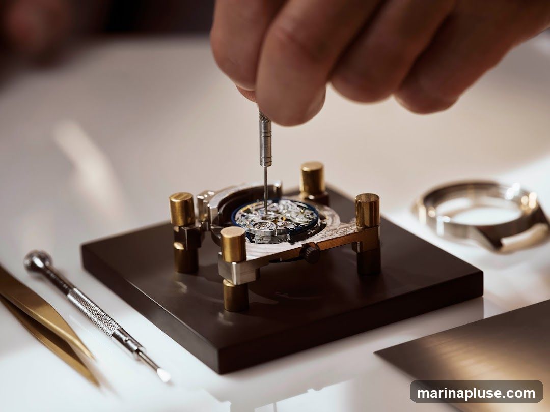 A close-up shot shows a watchmaker's hands meticulously assembling a complex watch movement. A screwdriver is being used to adjust a component within the intricate mechanism, which is held in place by a specialized jig. Nearby, a watch case and various tools, including tweezers and a watchmaker's screwdriver, are laid out on a white surface. The lighting highlights the precision and detail involved in watchmaking.