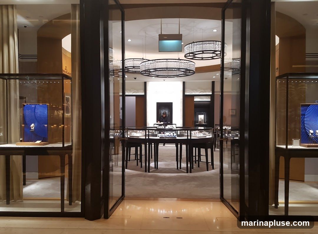 The image shows the interior of a high-end watch store, viewed through an open doorway. Display cases filled with watches are arranged throughout the space. In the center, a circular display counter is surrounded by chairs. A person is visible behind the counter, attending to the watches. Several large, ornate chandeliers hang from the ceiling, illuminating the luxurious environment. Glass display cabinets line the sides of the entrance, showcasing individual timepieces.