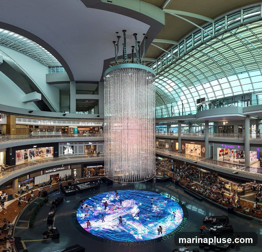 An expansive indoor shopping mall atrium featuring a large, cylindrical light installation hanging from the ceiling. Below, a circular LED display on the floor shows a dynamic, abstract water-like pattern with people walking on it. Multiple levels of shops with visible signage like "PUTIEN", "STARBUCKS COFFEE", "RAMEN IPPUDO", "DIOR", and "DOLCE & GABBANA" surround the central area. The mall has a glass-paneled, arched roof allowing natural light to filter in. Many shoppers are visible browsing the stores and congregating in the central space.