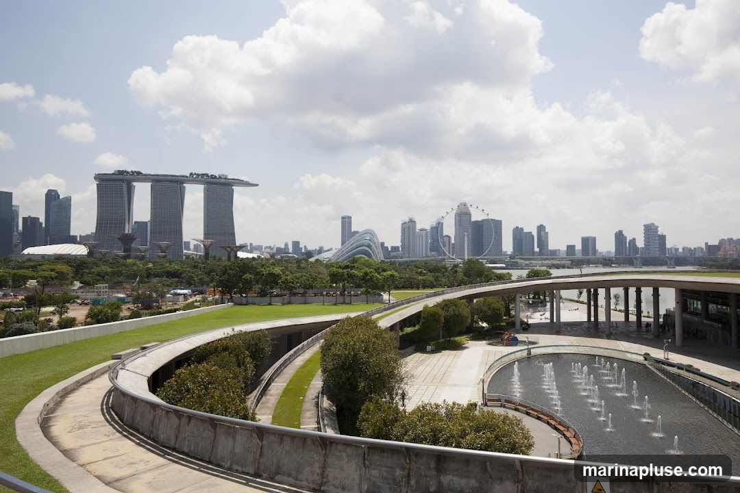 A panoramic view of the Singapore skyline on a cloudy day. Prominently featured are the Marina Bay Sands hotel, the Singapore Flyer Ferris wheel, and the distinctive domes of Gardens by the Bay. In the foreground, a curved walkway overlooks a water feature with fountains and lush green spaces. The cityscape extends into the distance under a sky filled with white, fluffy clouds.