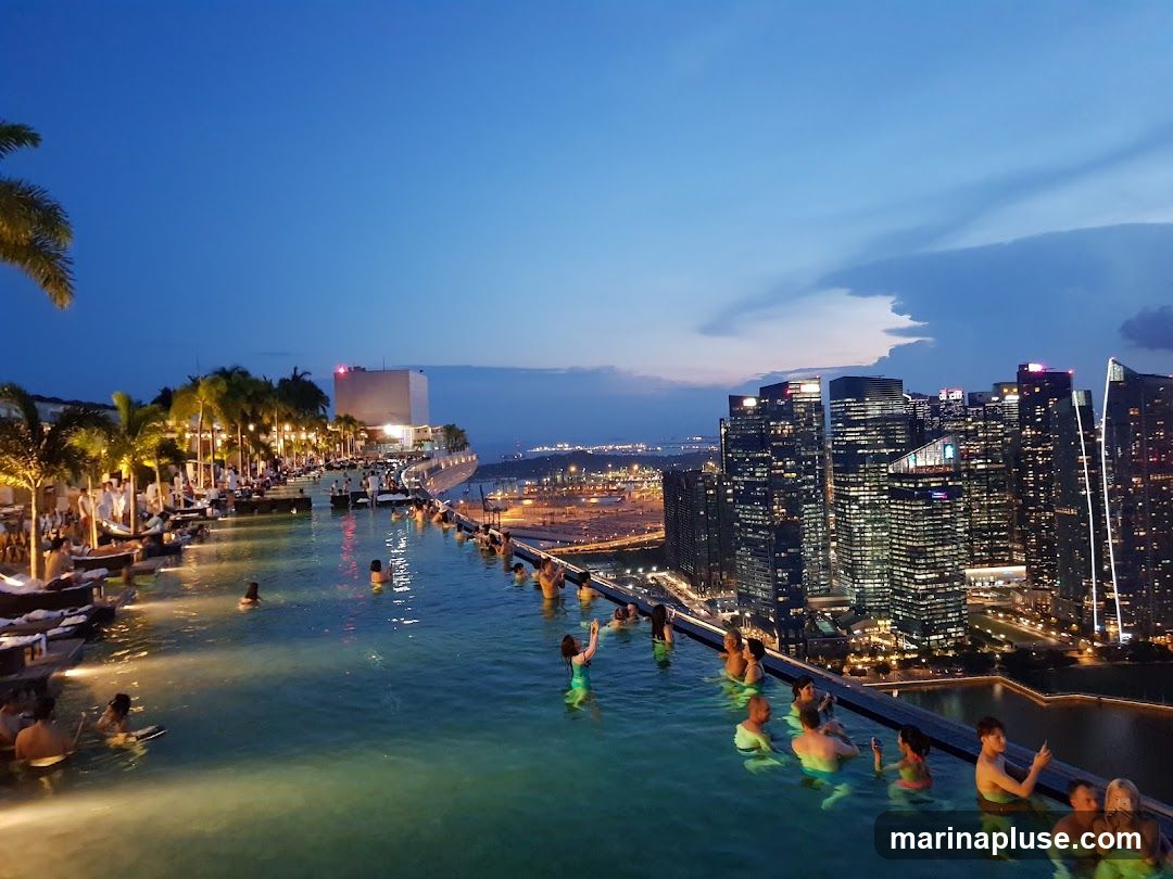 An infinity pool filled with people is situated on a rooftop, overlooking a sprawling city skyline illuminated by the twilight sky. Palm trees and lounge chairs line the edge of the pool area. The city lights twinkle in the distance, with tall skyscrapers dominating the view.