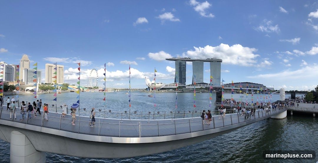 A panoramic view of the Singapore skyline featuring the Marina Bay Sands hotel, the ArtScience Museum, and the Singapore Flyer. A pedestrian bridge, adorned with colorful flags, spans across the water, with many people walking on it. The Merlion statue is visible in the distance. The sky is blue with scattered clouds.