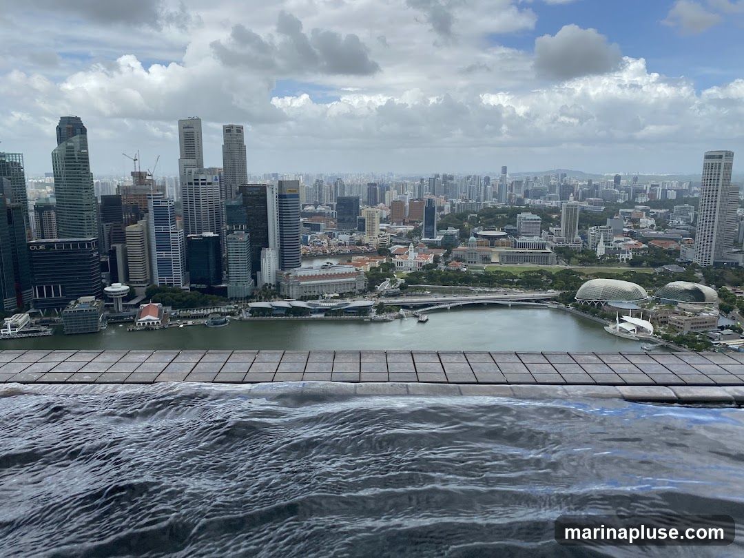 A panoramic view of the Singapore skyline from an infinity pool. The foreground shows the rippling water of the pool, with a tiled edge. Beyond the pool, the cityscape unfolds, featuring numerous skyscrapers, the Singapore River, and iconic buildings like the Marina Bay Sands. The sky is partly cloudy.