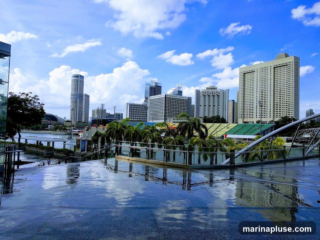 A wide shot of a modern cityscape under a partly cloudy blue sky. The foreground features a wet, reflective tiled walkway, suggesting recent rain. Beyond the walkway, palm trees line a body of water, with several tall buildings and skyscrapers forming the city skyline in the background. A stadium with green and yellow seating is visible among the buildings.