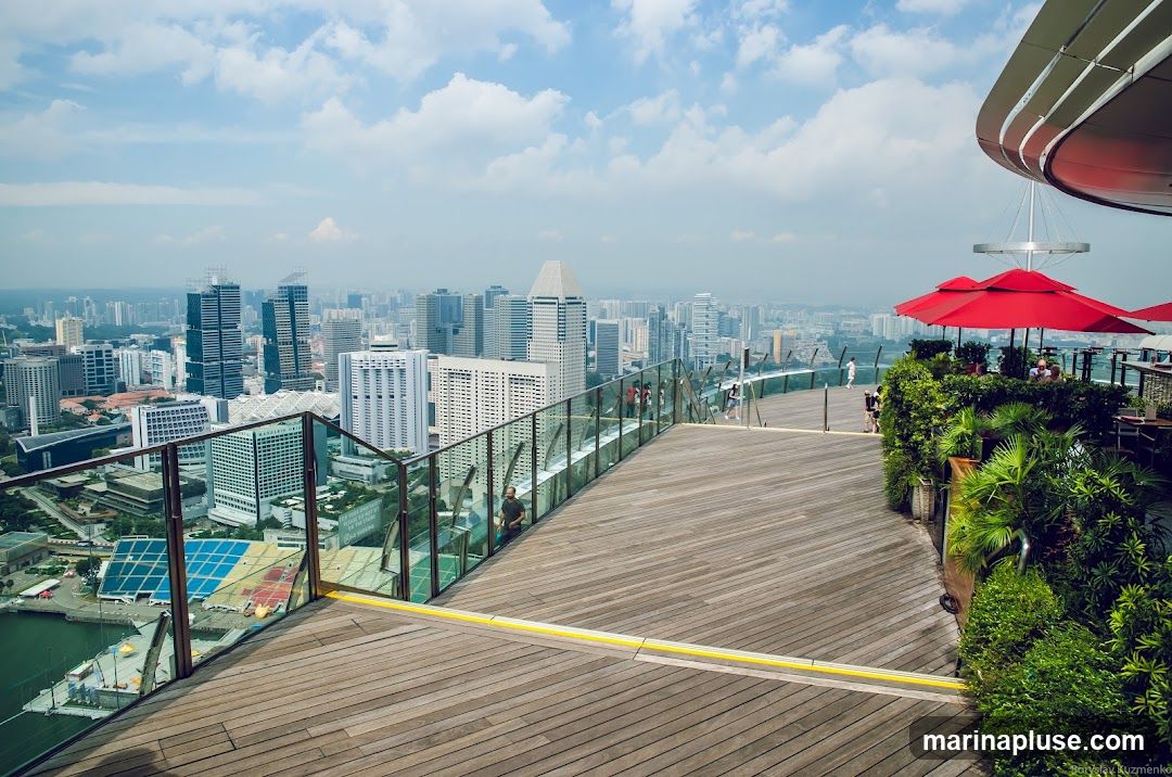 A wide wooden deck with a glass railing overlooks a sprawling cityscape under a partly cloudy sky. Lush green plants and red umbrellas create a vibrant seating area on the right side of the deck. Several people are visible enjoying the view and the outdoor space. In the distance, numerous skyscrapers and buildings form a dense urban landscape.