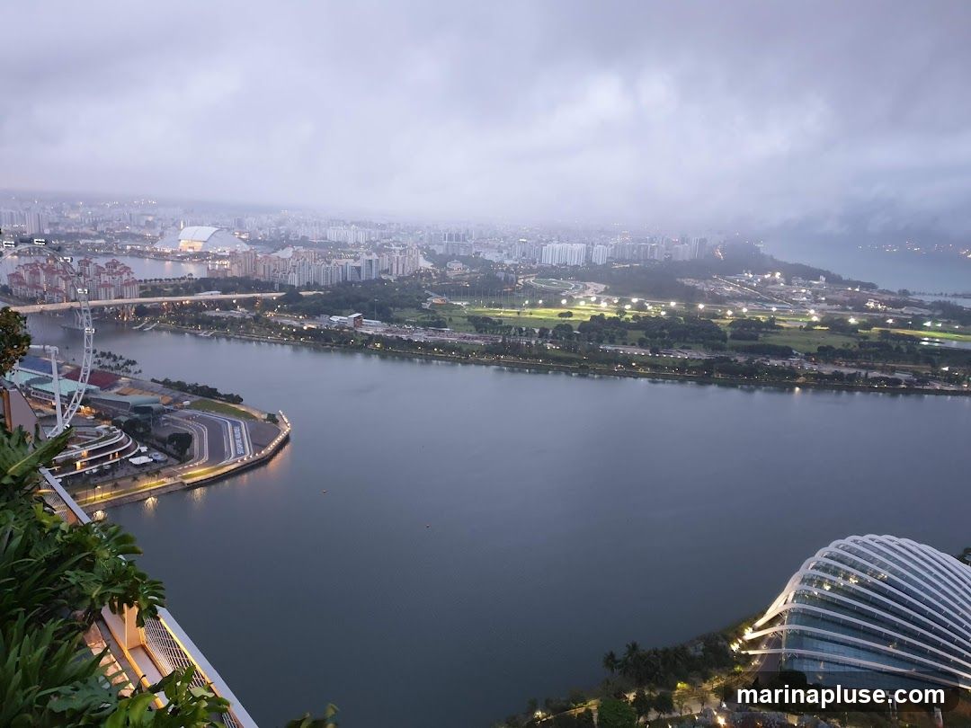 A panoramic view of a city skyline at dusk, with a wide river in the foreground. The cityscape features numerous buildings, a bridge, a Ferris wheel, and a distinctive domed structure with illuminated ribs. Lights are visible across the city and along the waterfront, suggesting an urban environment. The sky is overcast and hazy.