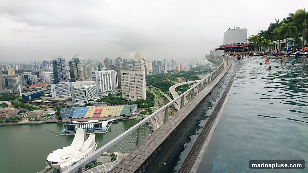 An infinity pool with people swimming and relaxing, set against a panoramic view of a dense cityscape under an overcast sky. The pool's edge curves along the right side of the frame, with a railing separating it from the drop. In the distance, numerous skyscrapers and buildings form the urban landscape, with a body of water and a stadium-like structure visible in the mid-ground. Palm trees line the far edge of the pool area.