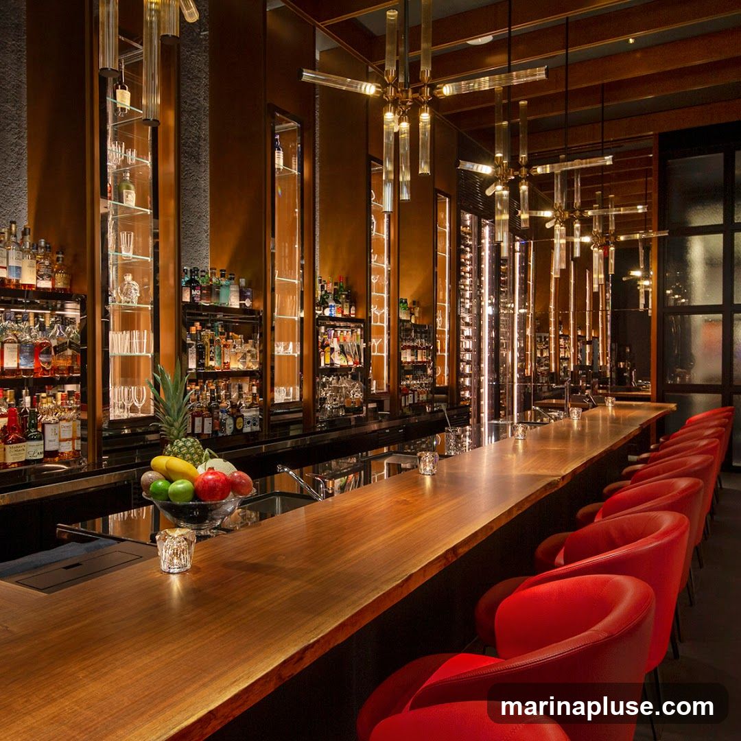 A long wooden bar with red stools in a dimly lit, upscale bar. The bar is stocked with numerous bottles of alcohol and glassware, with decorative lighting fixtures hanging from the ceiling. A bowl of fruit sits on the bar in the foreground.