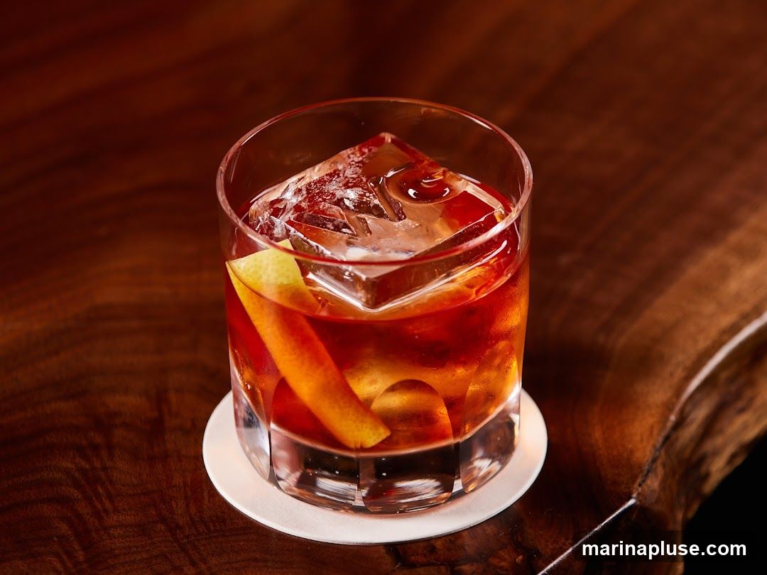 A close-up shot of a cocktail in a glass, placed on a coaster on a dark wooden table. The drink is amber-colored with large ice cubes and a twist of citrus peel as garnish. The lighting highlights the condensation on the glass and the rich texture of the wood.
