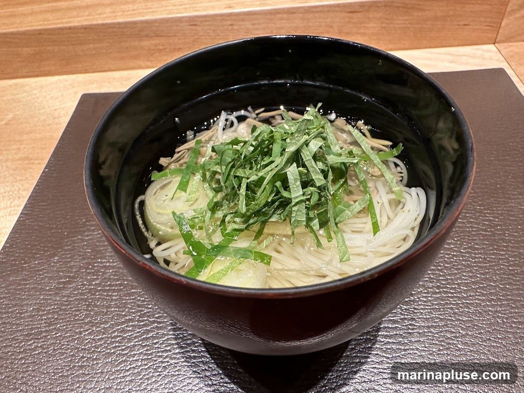 A close-up shot of a bowl of noodle soup. The soup contains thin white noodles, sliced green onions, and shredded green herbs. The bowl is dark red with a black rim and sits on a textured brown placemat. The background shows a wooden surface.