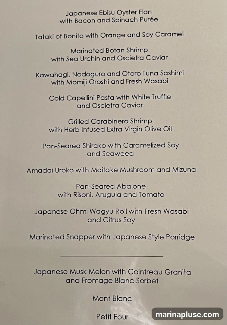 A menu with various Japanese-inspired dishes.