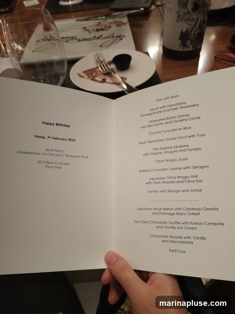 A personalized birthday menu for Friday, 7th February 2025, featuring a selection of dishes and wine pairings.