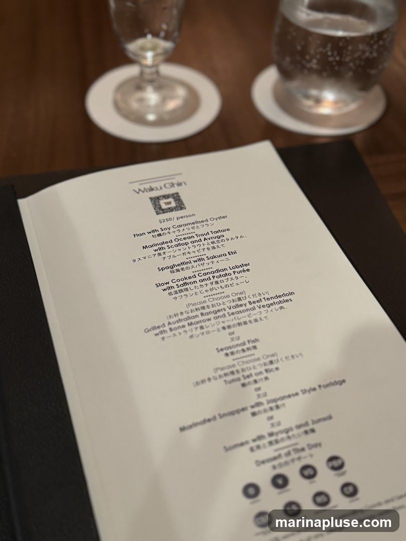 A menu from Waku Ghin with a tasting menu priced at $250 per person.