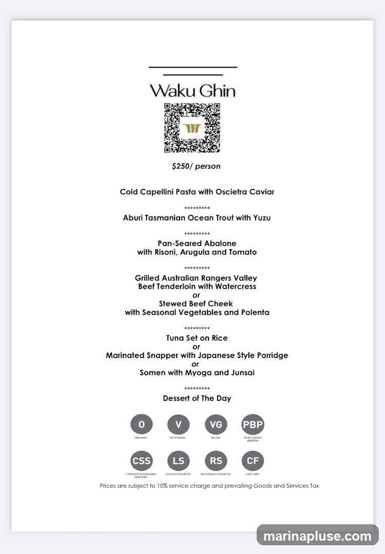 A tasting menu priced at $250 per person, with options for main courses and a dessert of the day. Dietary icons indicate Organic, Vegetarian, Vegan, Plant-Based Protein, Certified Sustainable Seafood, Locally Sourced, Regionally Sourced, and Cage-Free options. Prices are subject to service charge and tax.