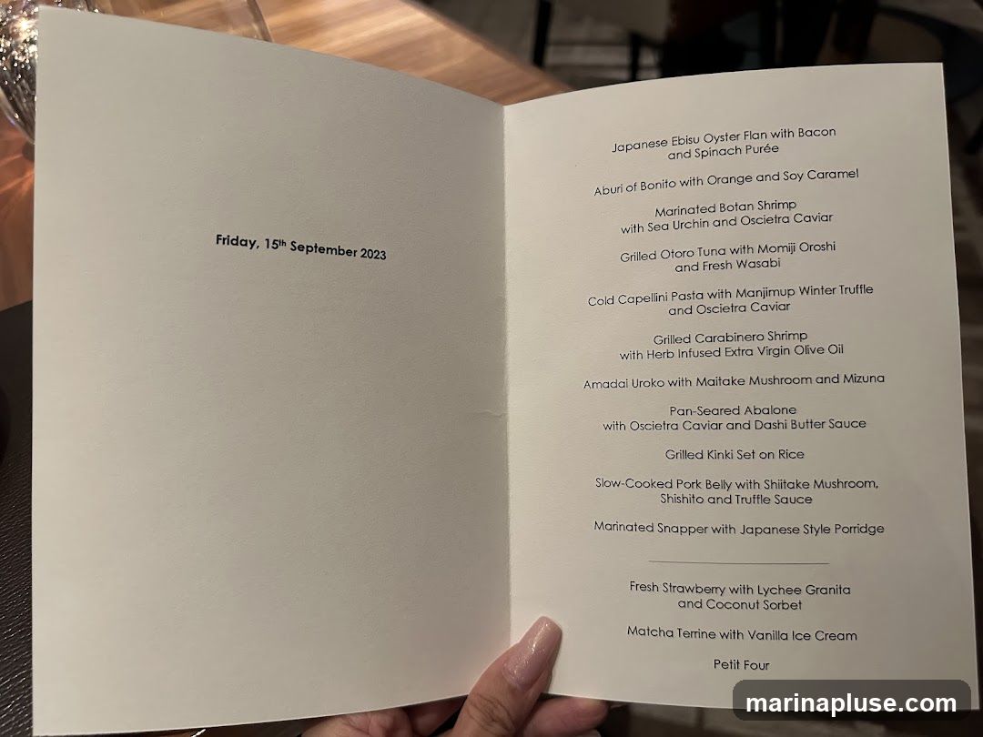 A menu dated Friday, 15th September 2023, featuring a tasting menu with various seafood and meat dishes, followed by desserts.