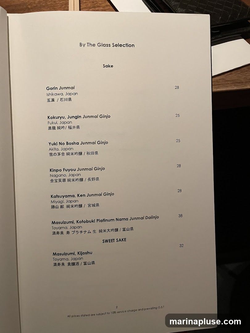 A menu listing sake selections by the glass.