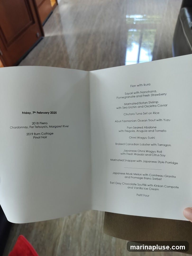 A menu with a date and wine selection on the left, and a tasting menu on the right.