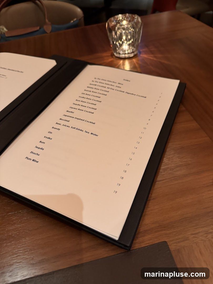 A menu with an index of drinks and other beverages.