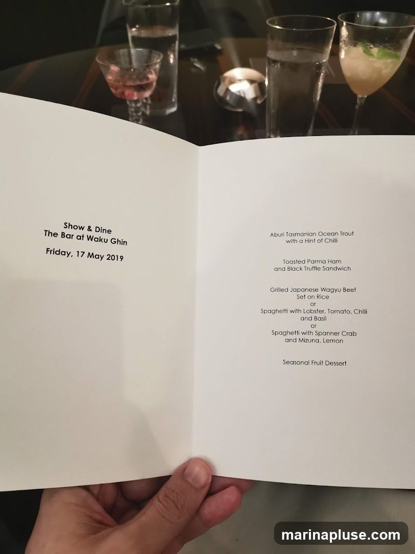 A menu for Show & Dine at The Bar at Waku Ghin on Friday, 17 May 2019.