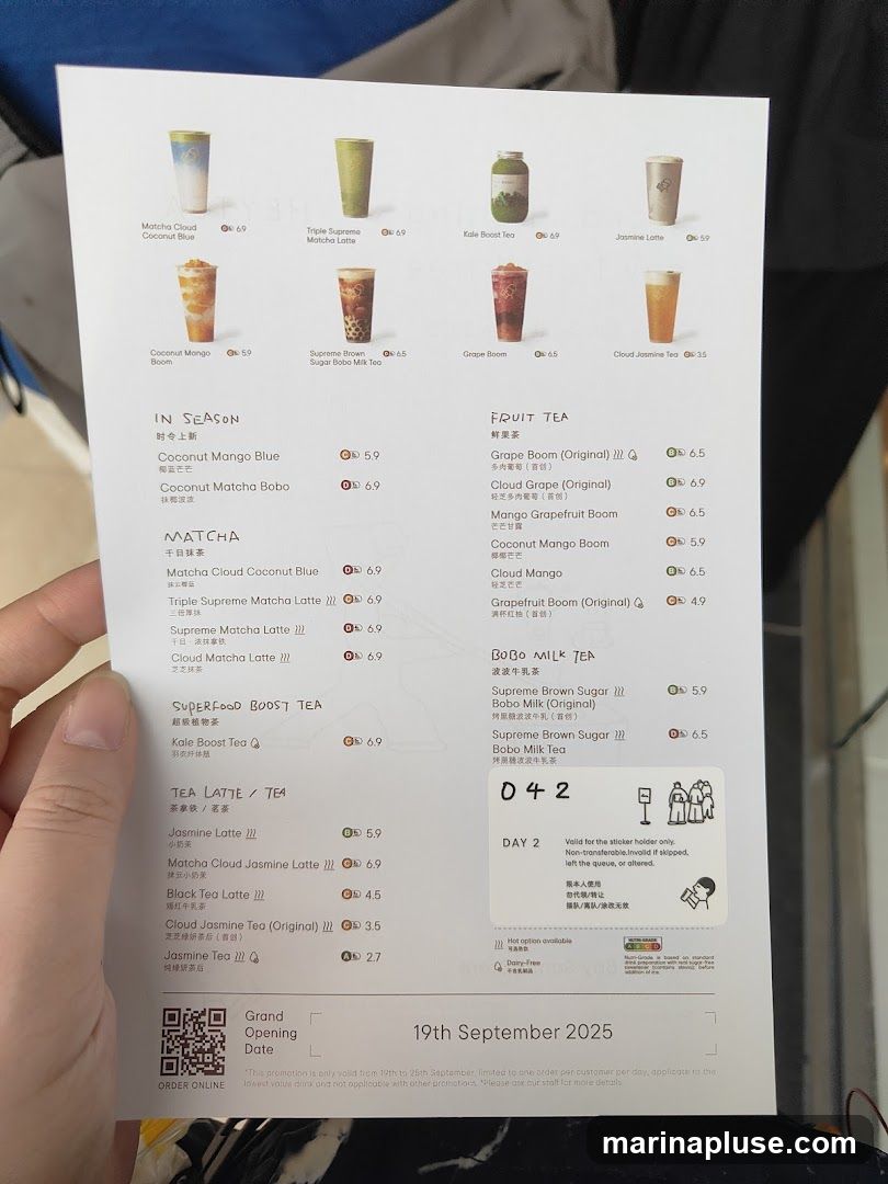A menu featuring various teas, including seasonal specials, matcha drinks, fruit teas, Bobo milk teas, and tea lattes.