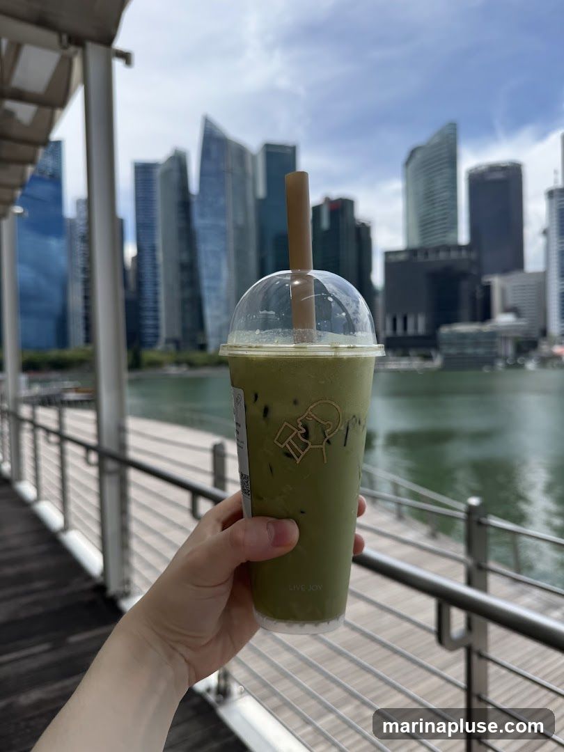 A hand holds a clear plastic cup filled with a green beverage, likely a matcha drink, with ice cubes visible. The cup has a domed lid and a brown straw. A logo featuring a person drinking is printed on the cup, along with the text "LIVE JOY". In the background, a body of water is visible, with a modern city skyline featuring tall skyscrapers under a cloudy sky. The foreground shows a wooden walkway with a metal railing.
