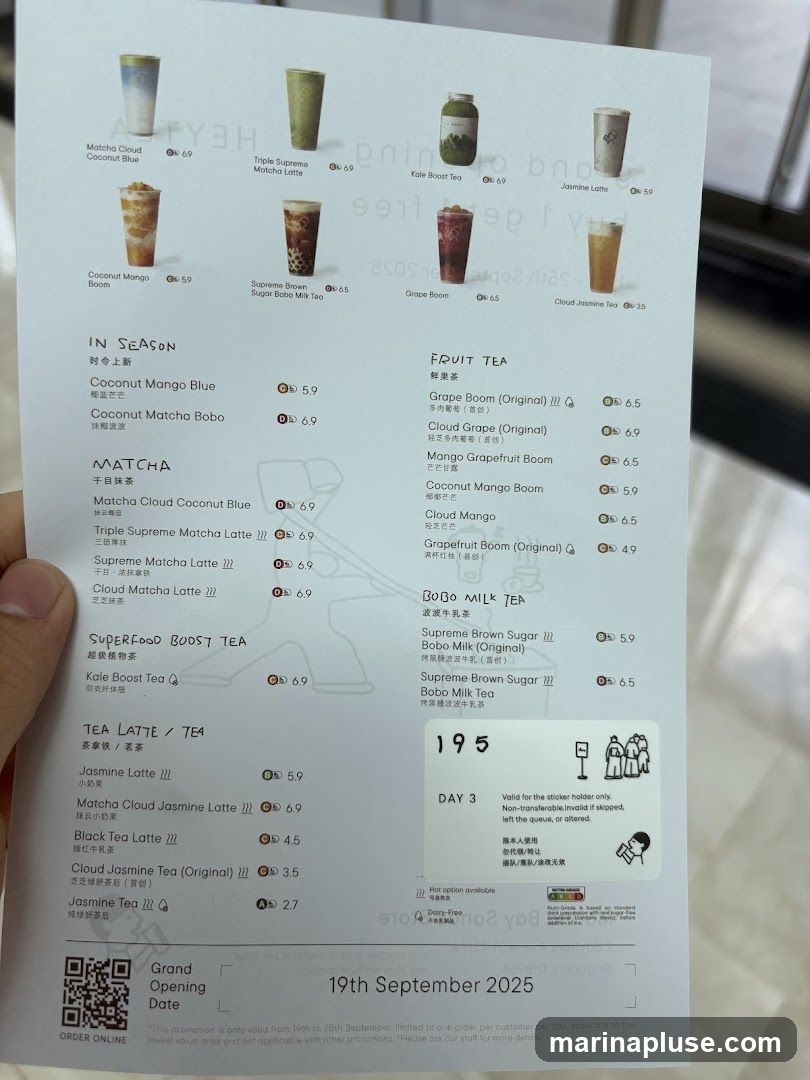 A menu with various drinks categorized into 'IN SEASON', 'MATCHA', 'SUPERFOOD BOOST TEA', 'TEA LATTE / TEA', 'FRUIT TEA', and 'BOBO MILK TEA'. Each item has a name, some with Chinese characters, and a price. There are also images of some of the drinks. A sticker at the bottom right indicates 'DAY 3' and promotion details.