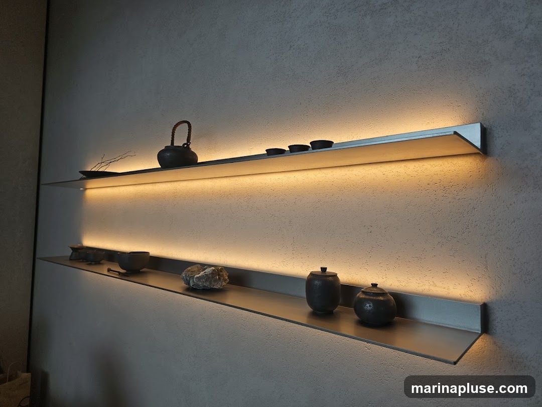 Two minimalist metal shelves are mounted on a textured gray wall, each illuminated from beneath by warm LED lighting. The upper shelf displays a dark teapot with a woven handle, a small dish with twigs, and several dark, shallow bowls. The lower shelf holds a few dark ceramic vessels, a rough stone, and what appears to be a small bowl and a scoop. The overall aesthetic is serene and minimalist.
