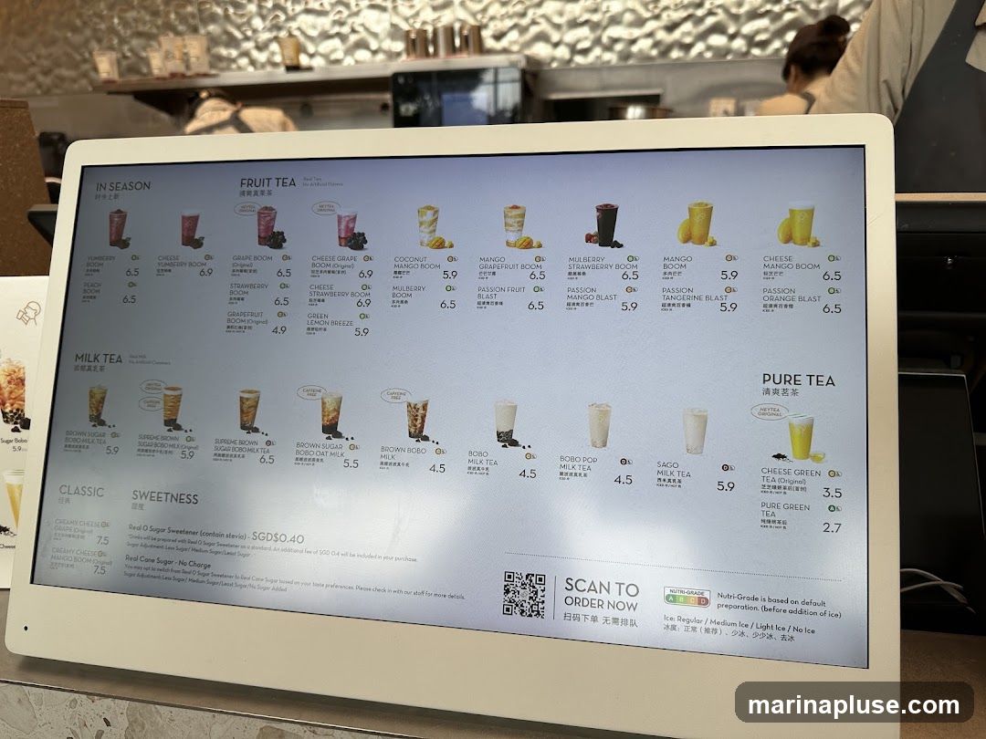 A digital menu displaying various fruit teas, milk teas, and pure teas.