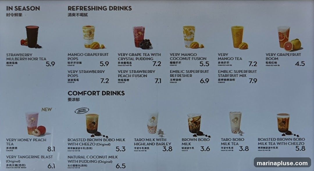 A menu featuring refreshing and comfort drinks, with categories for 'In Season', 'Refreshing Drinks', and 'Comfort Drinks'.