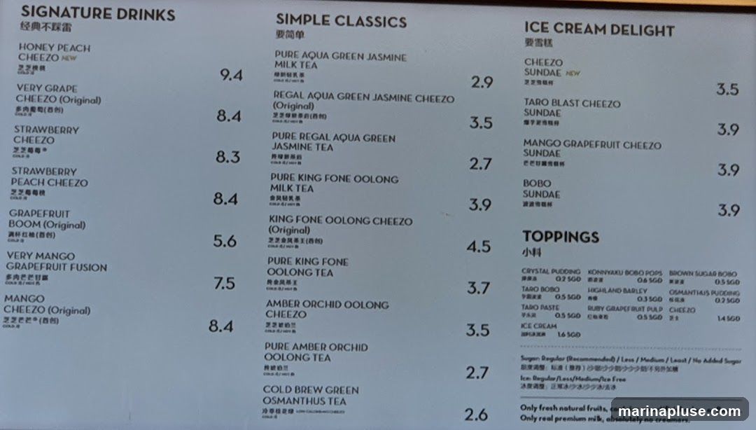 A menu with three sections: Signature Drinks, Simple Classics, and Ice Cream Delight. It also includes a Toppings section and notes about sugar and ice levels, as well as ingredients.