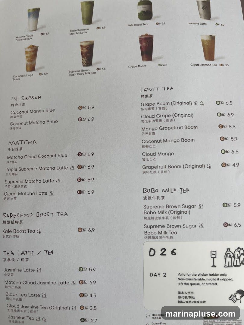 A menu with various tea and drink options, categorized into In Season, Matcha, Fruit Tea, Bobo Milk Tea, and Tea Latte/Tea.