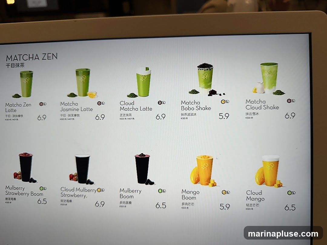 A menu displaying various matcha and fruit-based drinks with prices.