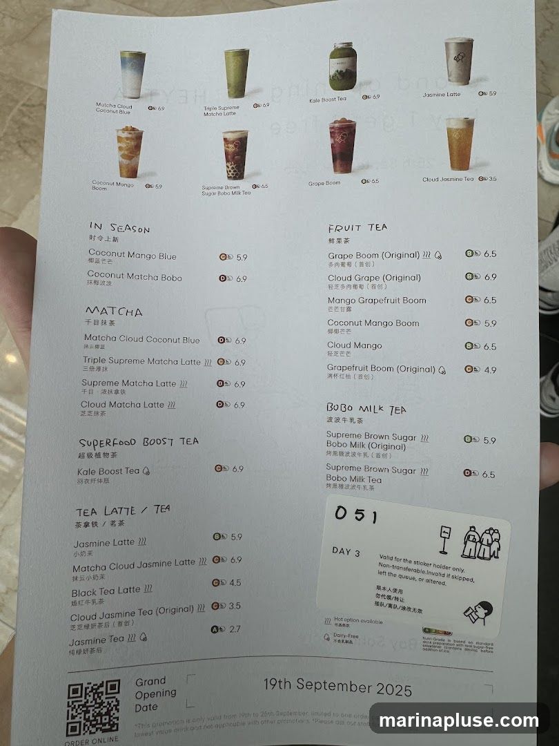 A menu with various drinks including Matcha, Fruit Tea, Bobo Milk Tea, and Tea Latte/Tea.