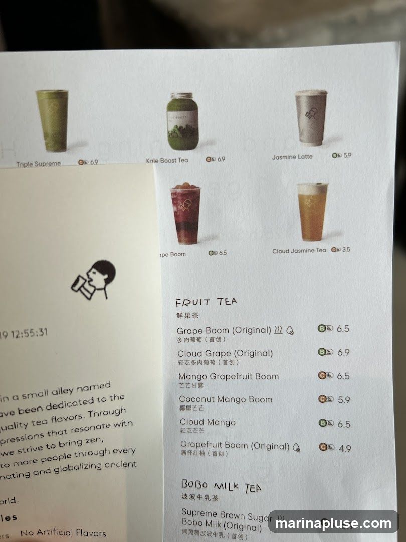 A menu featuring fruit teas and Bobo milk teas.