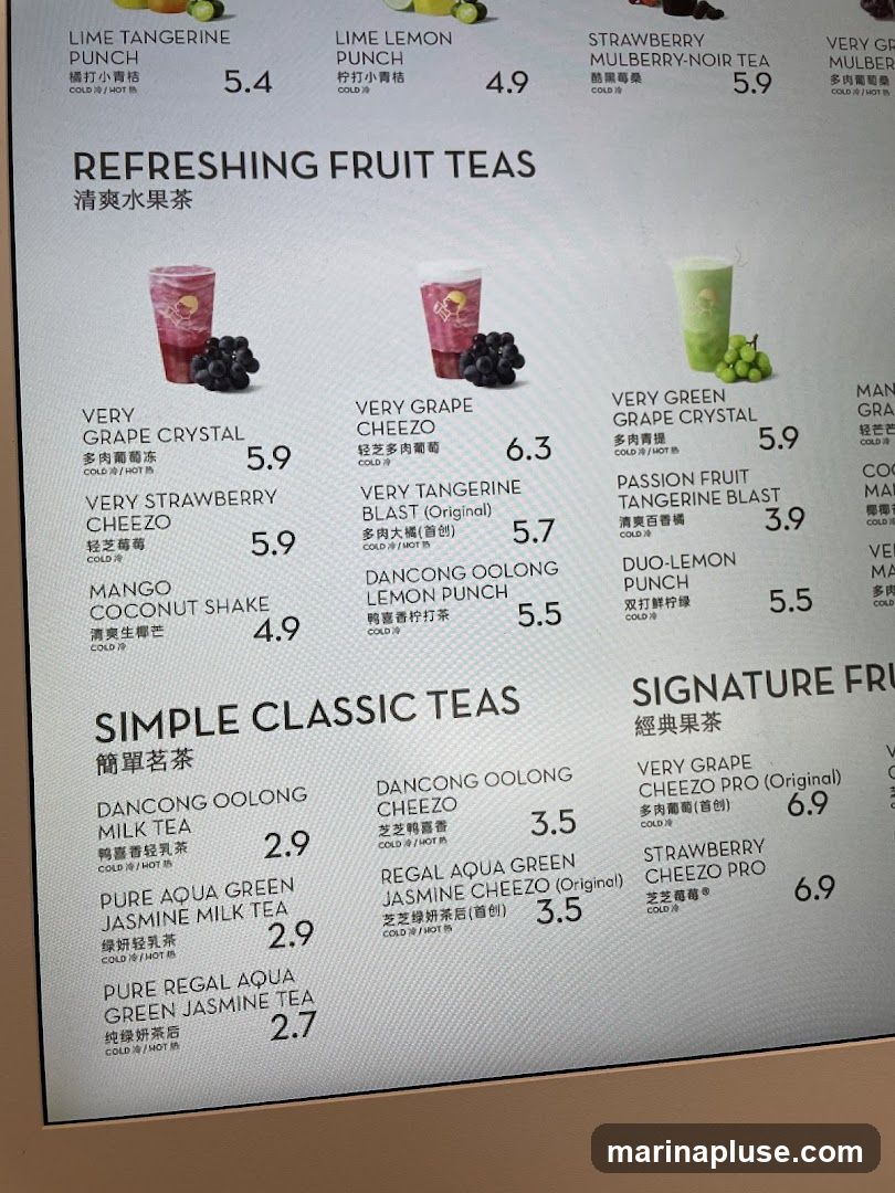 Menu for fruit teas and classic teas.