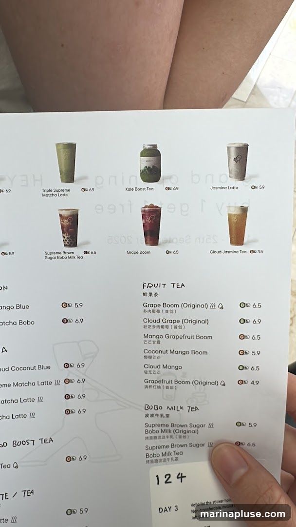 A menu with various drinks including fruit teas, Bobo milk teas, and boost teas.