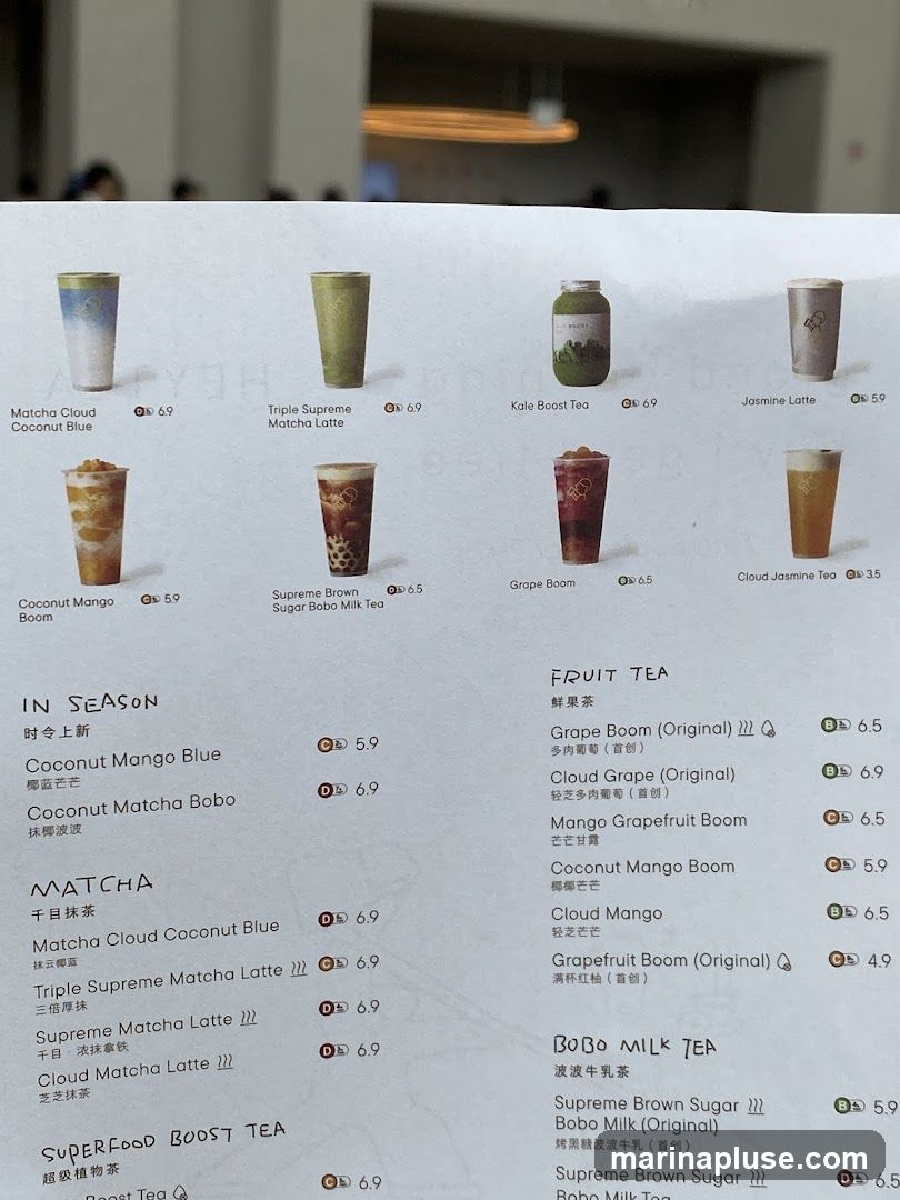 A menu featuring various fruit teas, matcha drinks, and milk teas with images of the drinks.