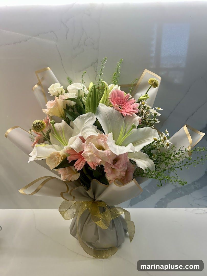A bouquet of white lilies, pink gerbera daisies, pink lisianthus, and small white flowers, wrapped in grey paper with gold trim and tied with a gold ribbon. The arrangement is placed on a white surface against a marbled grey background.