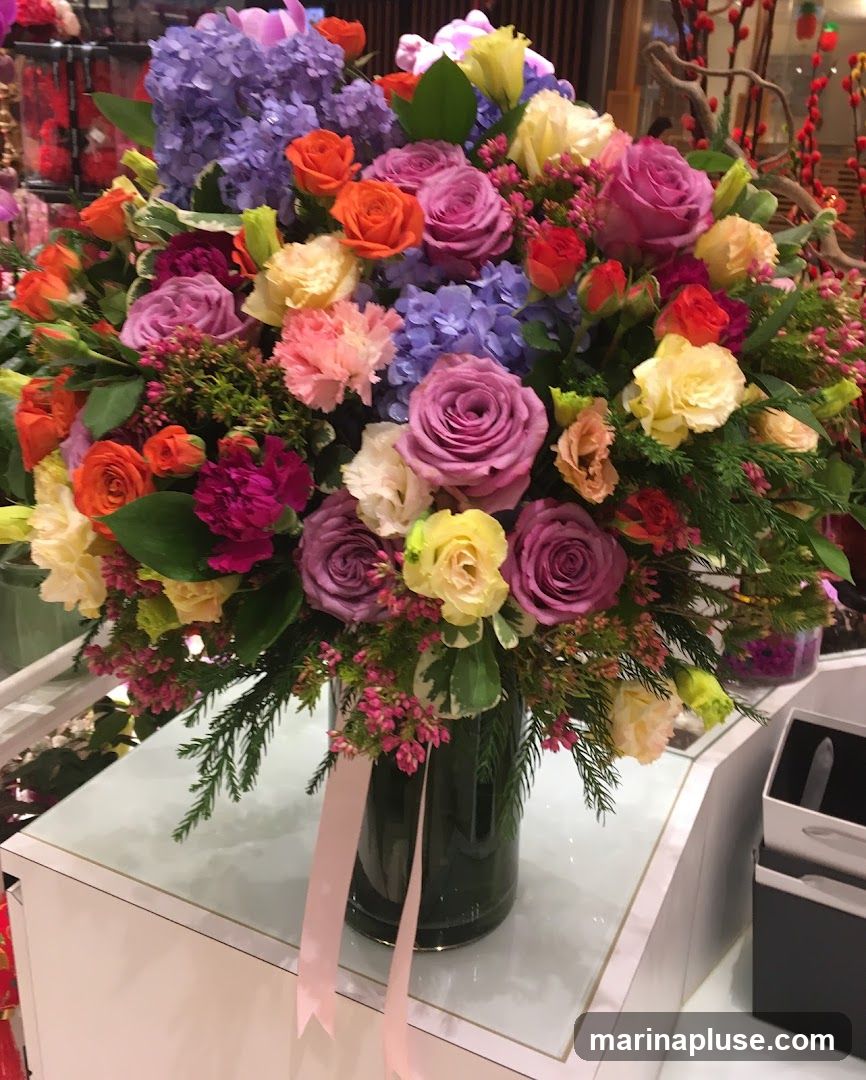 A large, vibrant bouquet of mixed flowers in a glass vase sits on a white surface. The arrangement includes roses in shades of pink, purple, orange, and yellow, along with purple hydrangeas and smaller pink and red blossoms. Green foliage and branches are interspersed throughout. A pink ribbon is tied around the vase. In the background, there are hints of red decorative branches and other floral arrangements.