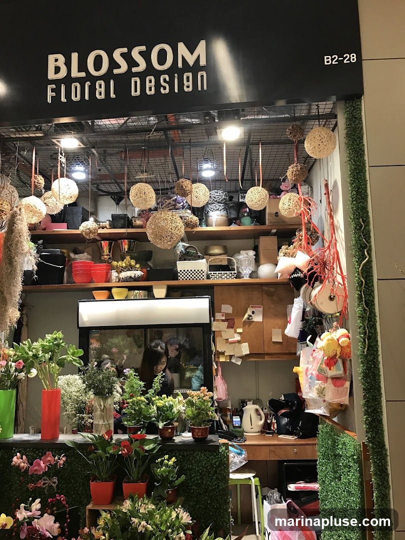 A flower shop with a sign that reads "BLOSSOM FLORAL DESIGN" above the entrance. The shop is filled with various plants and floral arrangements. Decorative woven balls hang from the ceiling.