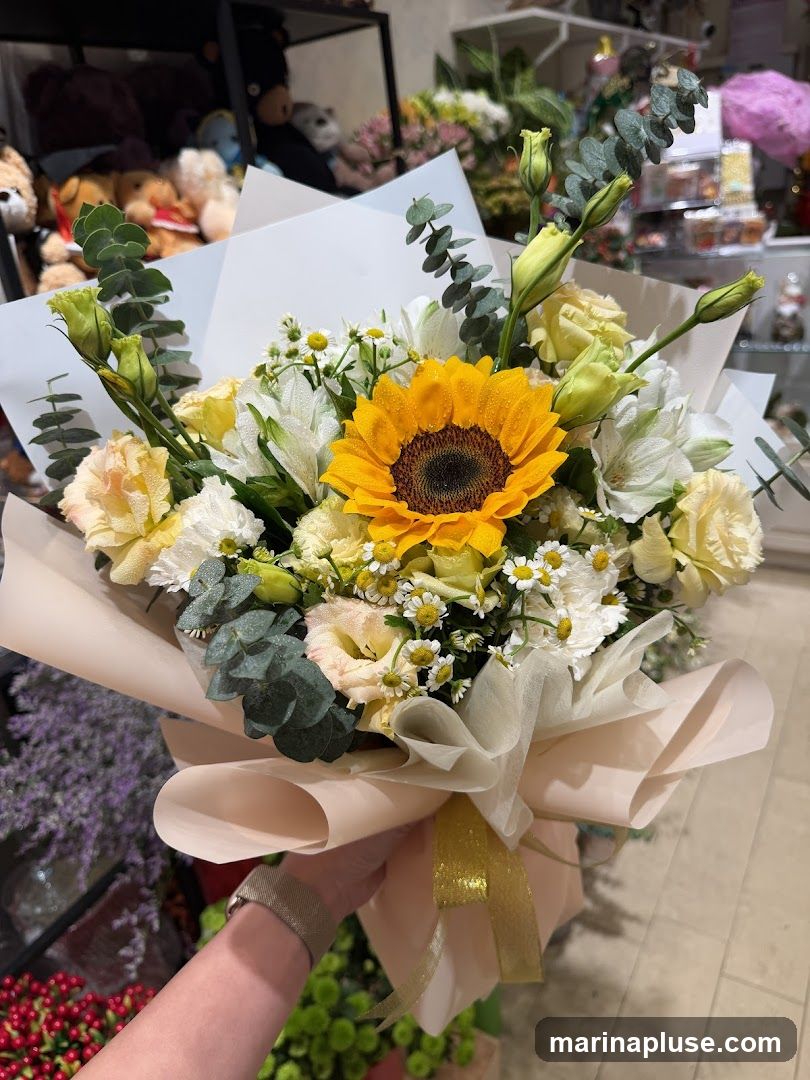 A hand holds a bouquet of flowers, featuring a prominent sunflower in the center, surrounded by white alstroemeria, yellow roses, and small white daisies. The bouquet is wrapped in light pink and cream paper with a gold ribbon. In the background, shelves are visible with teddy bears and other floral arrangements.