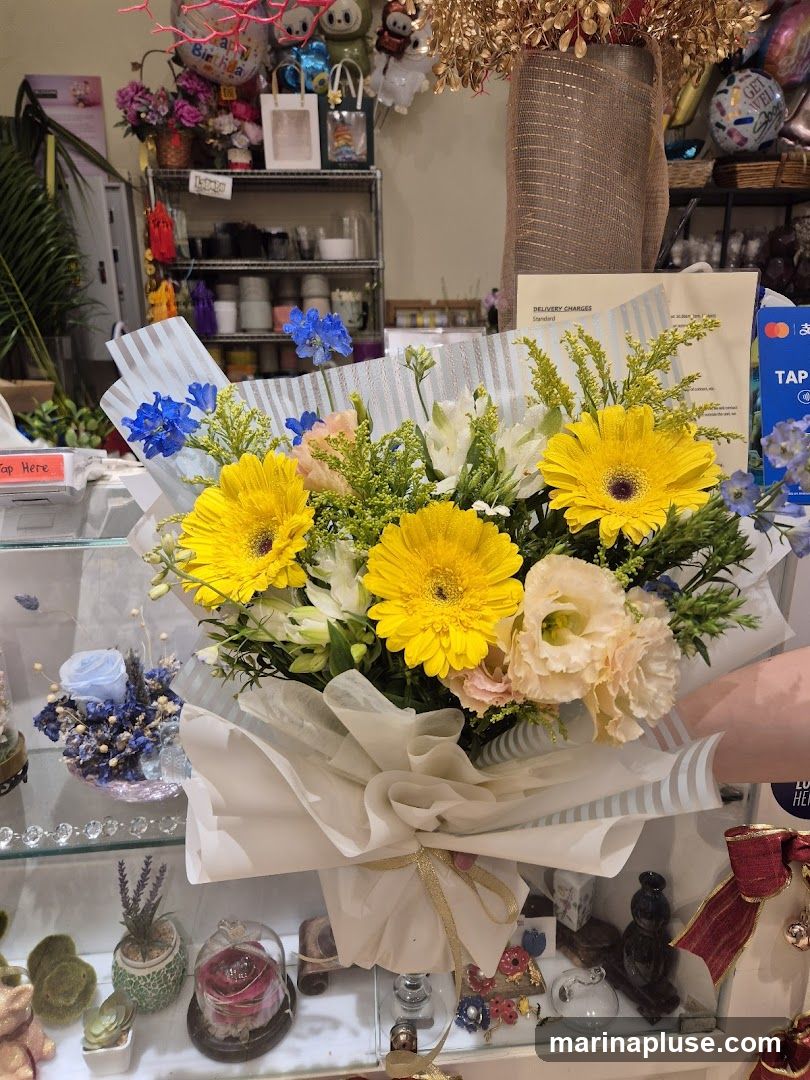 A bouquet of yellow gerbera daisies, white lilies, and blue delphiniums is wrapped in white paper and tied with a gold ribbon. The bouquet is displayed in front of a shelf filled with various floral arrangements, balloons, and decorative items. A sign for "DELIVERY CHARGES" is visible in the background.