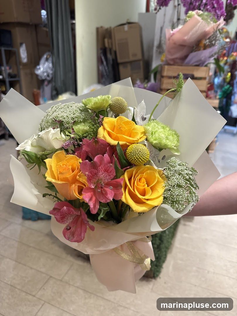 A hand holds a bouquet of flowers wrapped in pale paper and tied with a pink ribbon. The bouquet contains yellow roses, pink alstroemeria, and green carnations, along with other greenery. In the background, there are stacks of boxes and other floral arrangements.