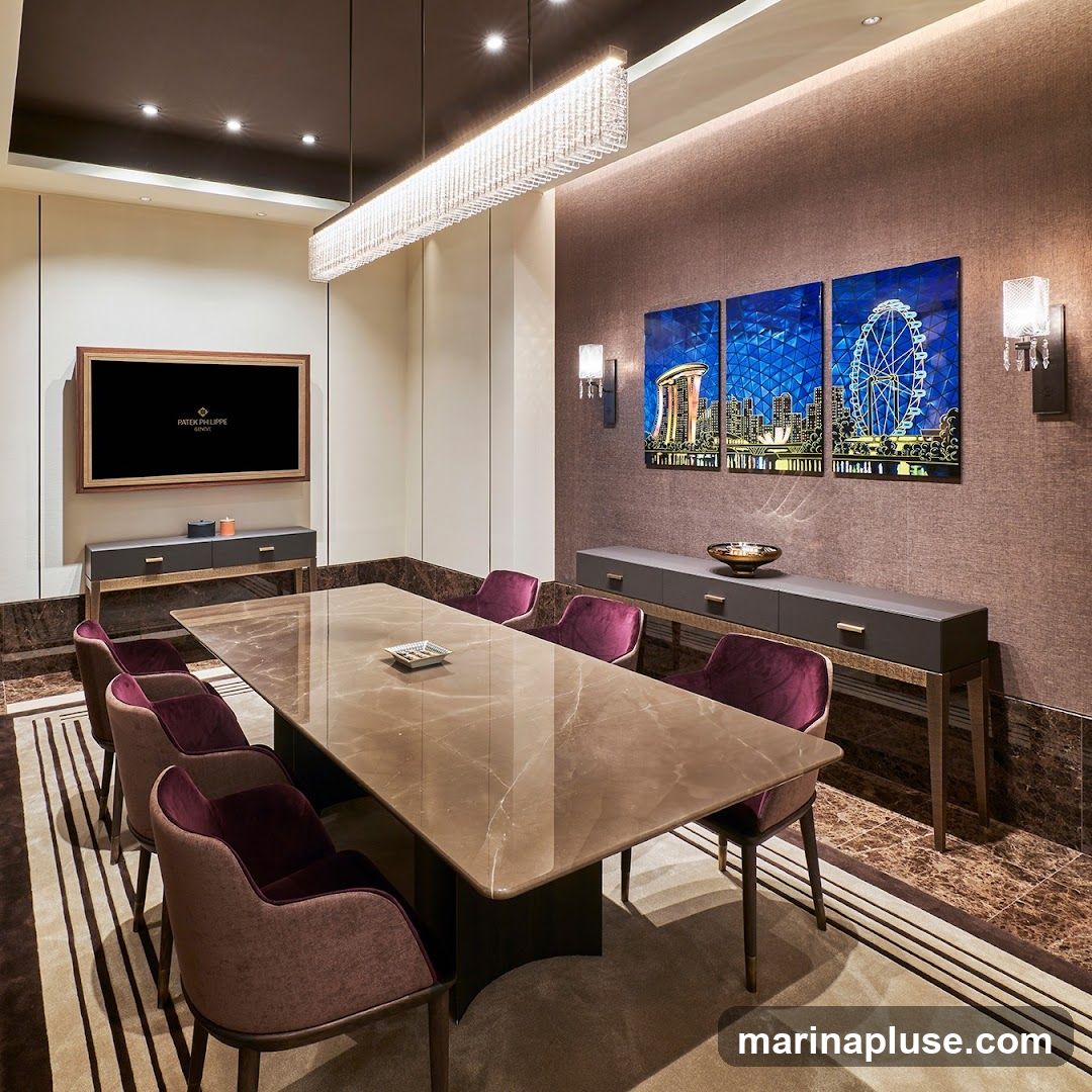 A sophisticated meeting room with a large marble-top table surrounded by plush purple chairs. A large screen displaying the Patek Philippe logo is mounted on the wall. Three vibrant artworks depicting a cityscape and a Ferris wheel adorn the textured brown wall. The room is illuminated by a striking crystal chandelier and wall sconces.