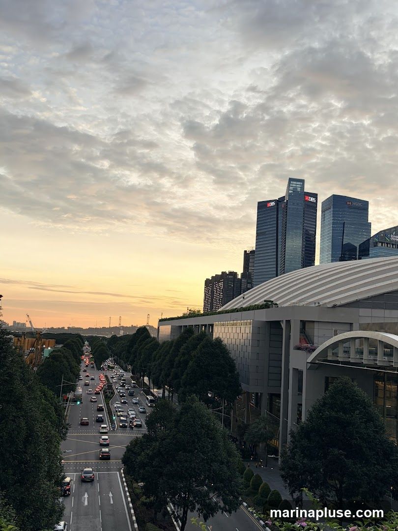 A wide-angle view of a city street at dusk, with heavy traffic. Tall modern buildings, including those with DBS and HSBC logos, dominate the skyline on the right. A large, modern building with a curved roof is also visible. The sky is filled with dramatic clouds, with a warm glow of sunset on the horizon. Lush green trees line the street, creating a contrast with the urban architecture.