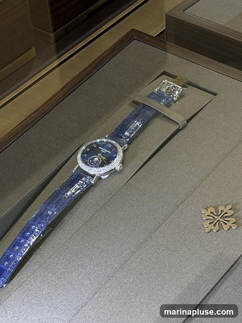 A close-up shot of a luxury watch with a dark blue dial, a diamond-encrusted bezel, and a blue alligator leather strap. The watch is displayed in a velvet-lined case. A small, ornate metal emblem, likely a brand logo, is visible to the right of the watch. The background appears to be a display case in a store.