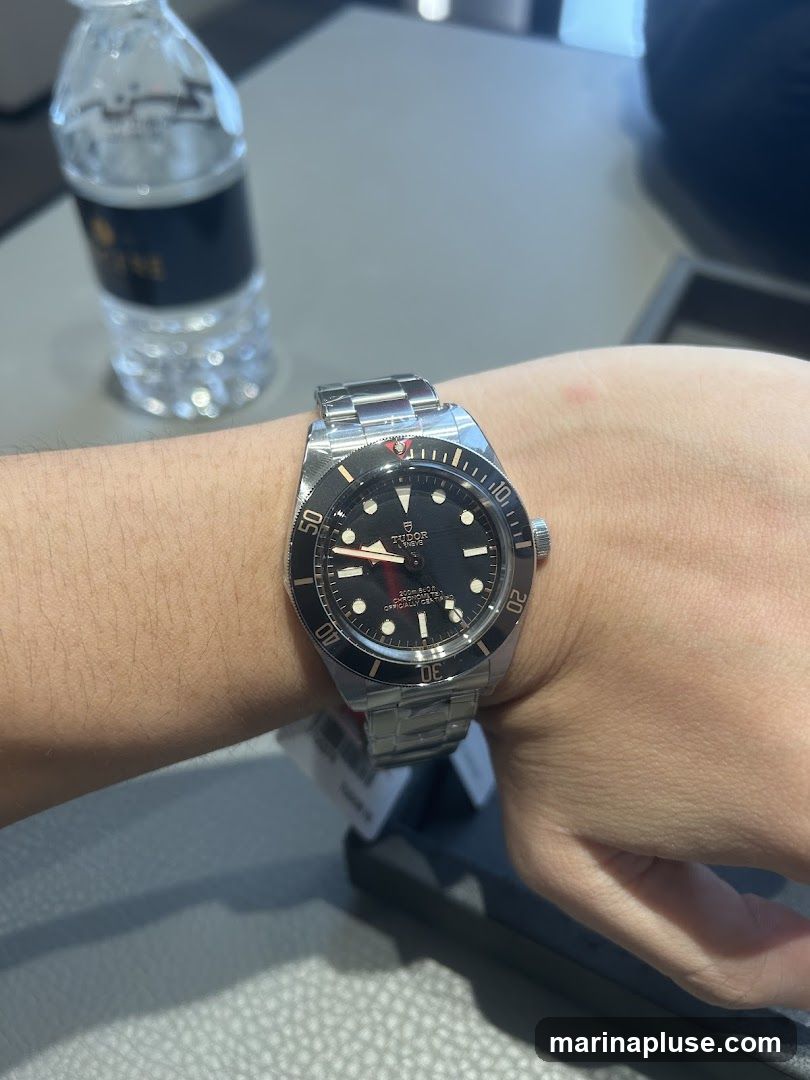 A close-up shot of a person's wrist wearing a Tudor Black Bay watch. The watch has a black dial with silver hour markers and hands, and a rotating bezel. A bottle of water with a black label is visible in the background.